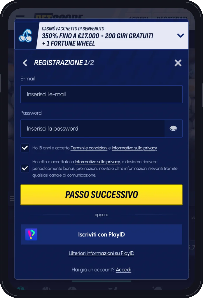 Registrazione BetScore da mobile, passo 2: e-mail, password e accettazione dei termini